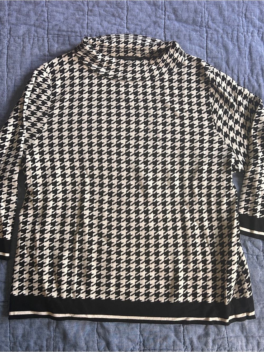 Talbots Black and White Houndstooth Mock Neck Sweater